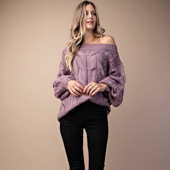 Cozy off shoulder cable knit puff sleeve Sweater - Picture 4 of 10